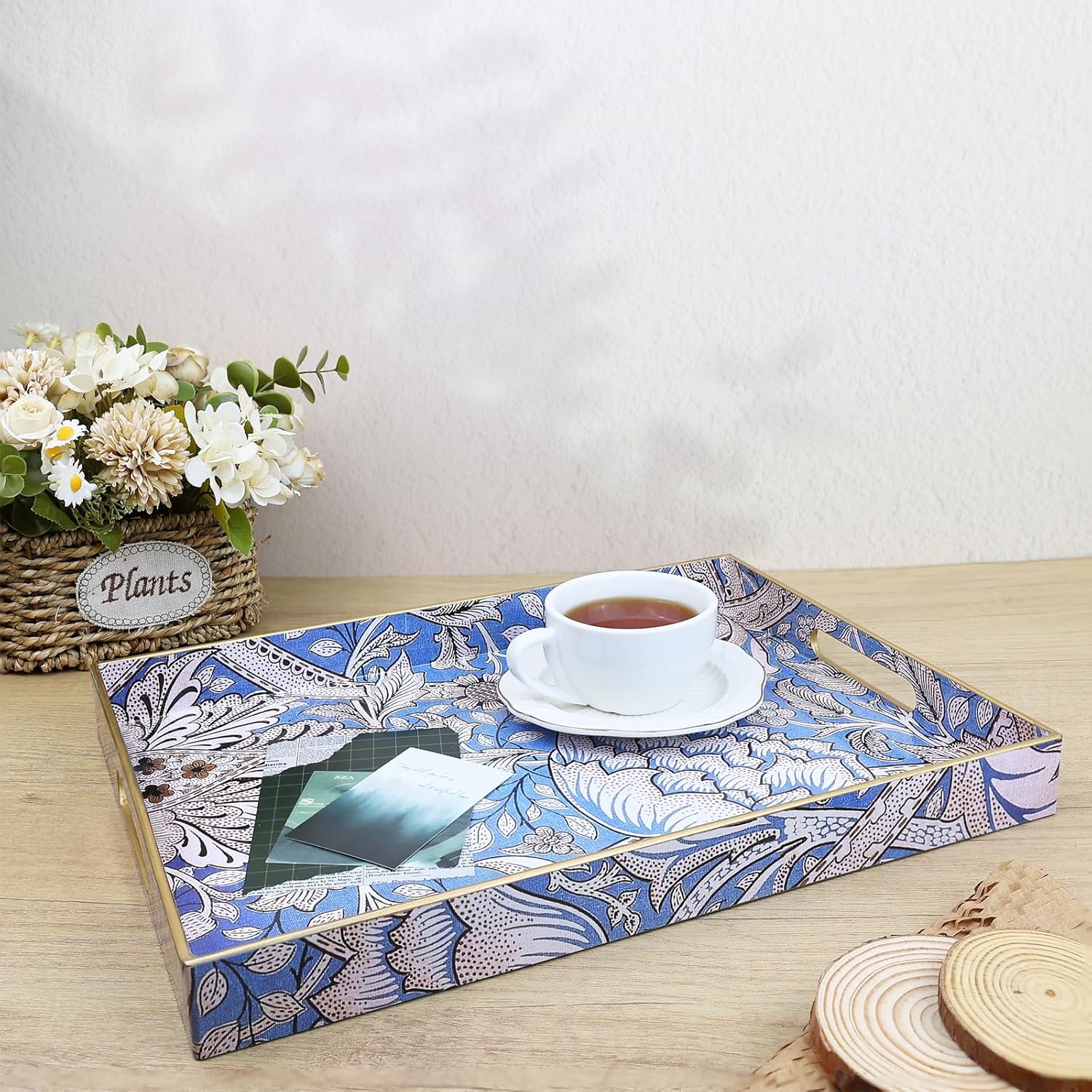 Rectangle Serving Tray with Handles, Coffee Table Tray for Ottoman, Living Room, Outdoor Tray for Patio Entertaining, Serving Breakfast Kitchen Platter, Windrush