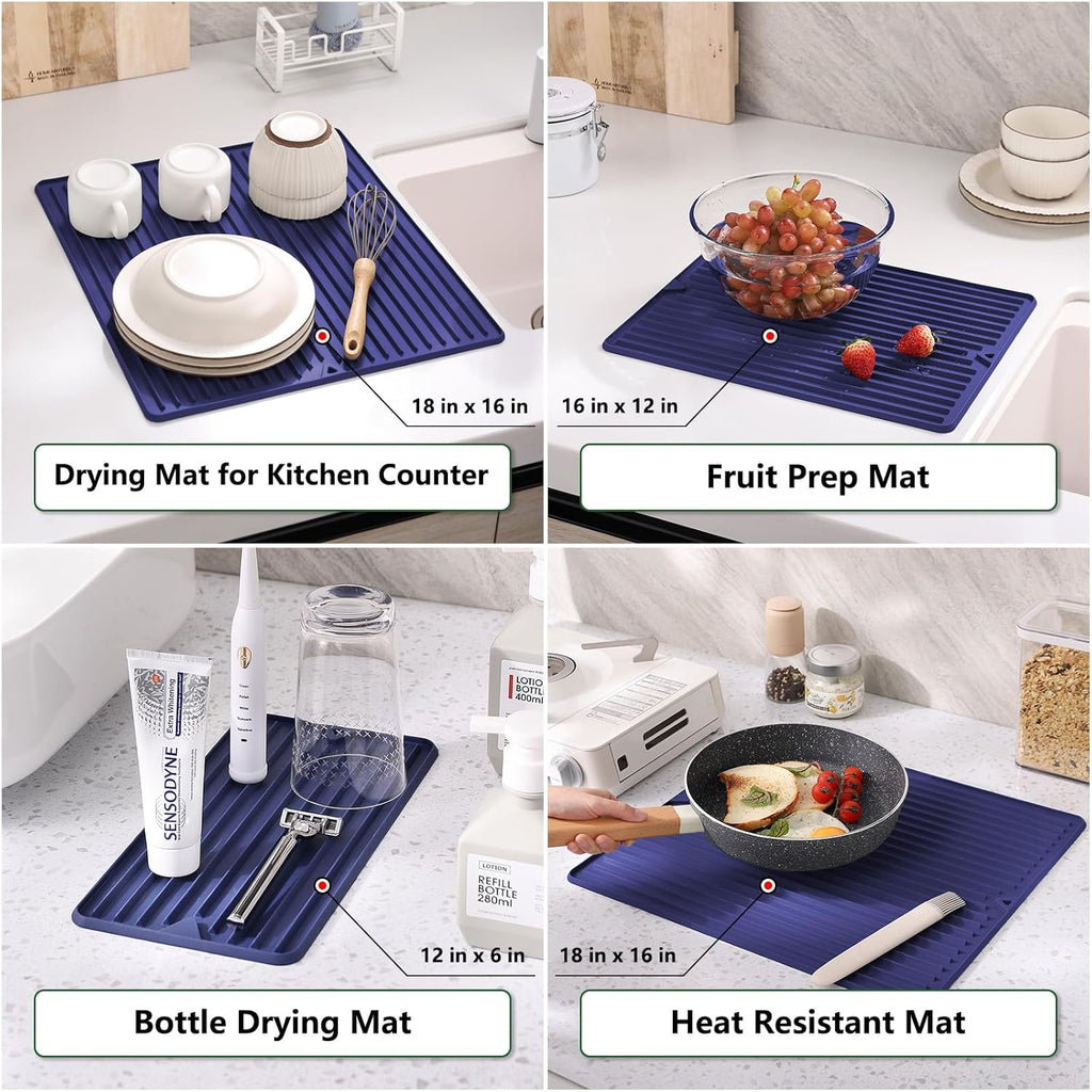 Dish Drying Mat, Small Silicone Drying Mat for Kitchen Counter, Heat Resistant Silicone Trivet for Countertop Protector, Super Thick Dish Drying Pad for Cup/Bottle/Glassware, Long & Narrow