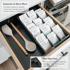 KitchenEdge Tea Bag and Coffee Pod Kitchen Drawer Organizer, Expandable 9.7 to 17 Inches, 10 Storage Compartments, Adjustable Wall Inserts, Non-Slip Feet, Food-Safe Black Finish, 100% Bamboo Wood