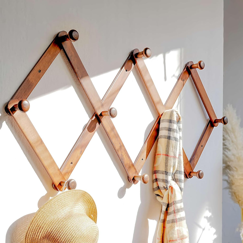Dseap Expandable Coat Rack (Larger Version) - 24” High, Anti-Slip, Ultra Heavy Duty Wooden Accordian Wall Hanger with 10 Study Peg Hooks for Clothing Hats Jackets Bags, Brown