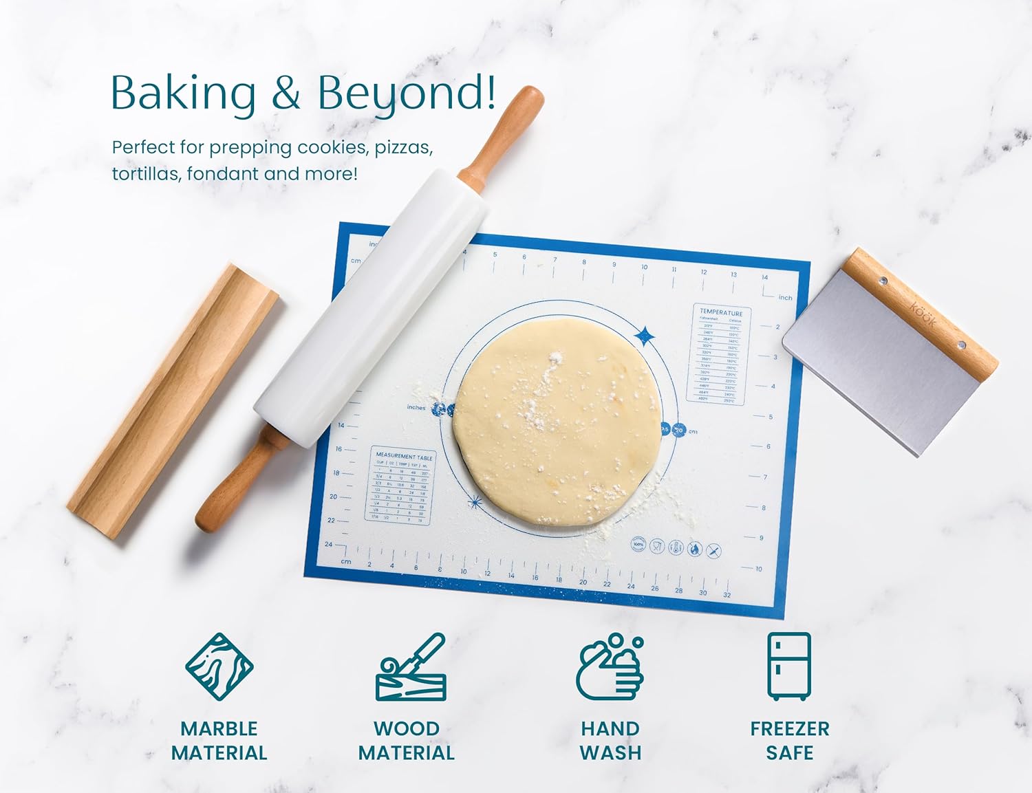 Kook Marble Rolling Pin Set, 18 Inch Rolling Pin with Beechwood Handles, Wooden Holder, Metal Scraper, Silicone Mat, Nonstick, for Baking Pizza Dough, Pastries, Tortillas