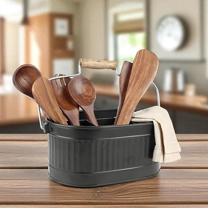 Alpha Living Home 4-Compartment Flatware Caddy - Metal Cutlery Holder Silverware & Condiment Organizer, Perfect for Kitchen, Dining, and Picnics (Black)