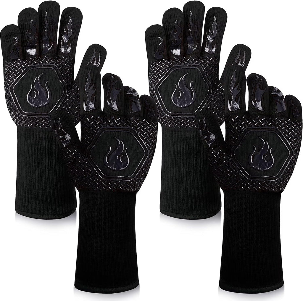 BBQ Fireproof Gloves, Grill Cut-Resistant Gloves 1472°F Heat Resistant Gloves, Non-Slip Silicone Oven Gloves, Kitchen Safe Cooking Gloves for Oven Mitts,Barbecue,Cooking, Frying, Black（2 Pairs）