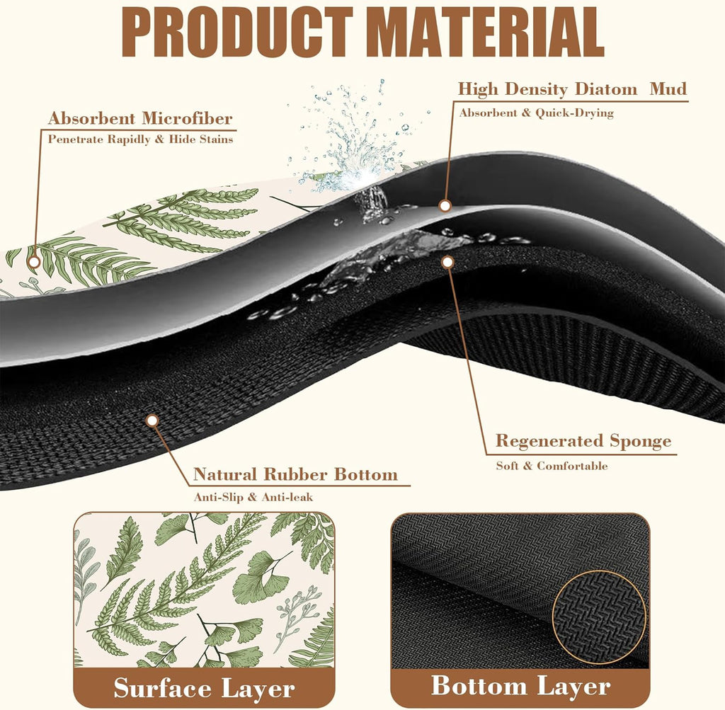 Leaves and Herbs Dish Drying Mat for Kitchen Counter Bar Mat Hide Stain Absorbent Rubber Backed Coffee Maker Espresso Machine Bar Accessories 11.8 x 19.7 Inch