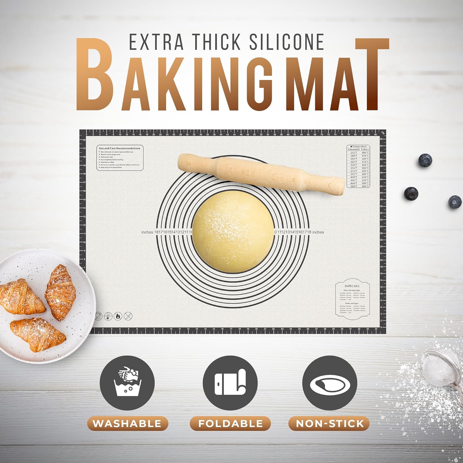 26 * 16 inches Black, Non-Slip Silicone Baking Sheets - Baking Mat with 0.7mm Thickness - Non-Stick Pastry & Cookie Mat for Kitchen Counter for Rolling Out Dough with Measurements.