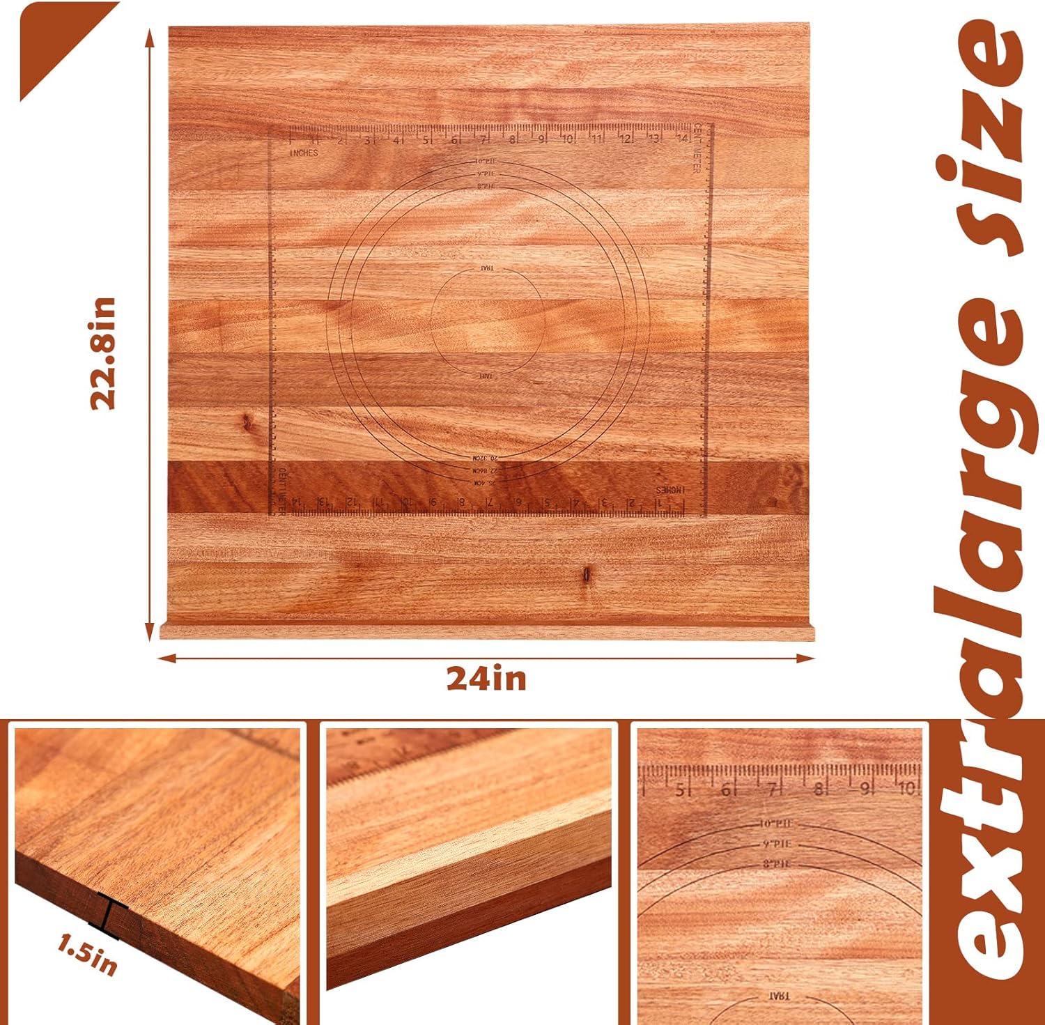 Vesici Reversible Pastry Board with Lip for Rolling Dough Large Wooden Cutting Chopping Kneading Board with Engraved Measurements for Counter Table Top Kitchen(Walnut,24 x 22.8 x 1.5 Inch)