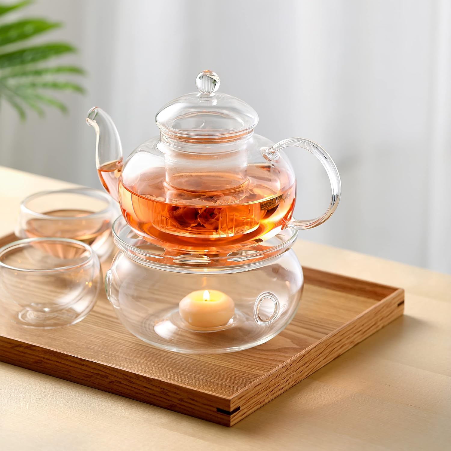 CnGlass 33.8oz Glass Teapot with Removable Infuser,Stovetop Safe Tea Kettle with Glass Tea Warmer 5.3 in/13.5cm Diameter