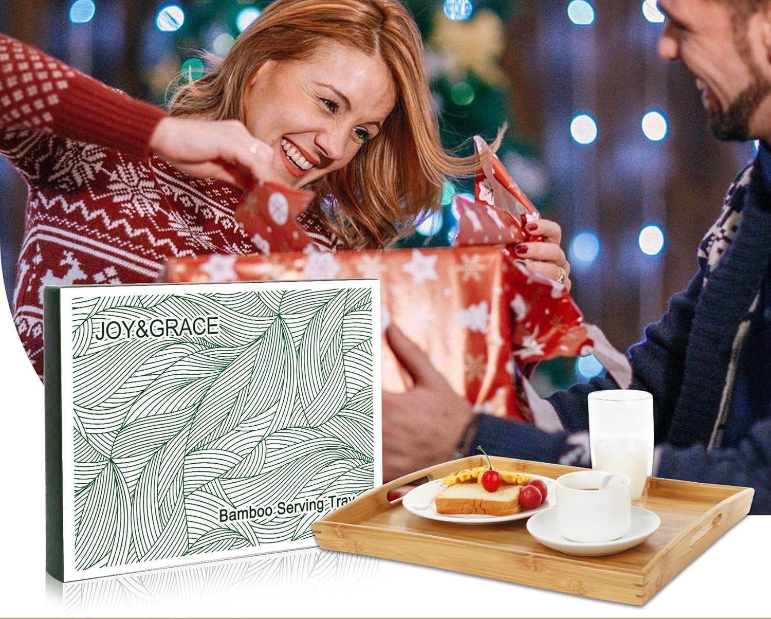 Joy&Grace Bamboo Serving Tray with Handles, Dinner Food Tray for Bed Breakfast Eating and Serving, for Coffee Table Ottoman TV, Decorative Wood Large Charcuterie Platter 16.8 x 12.5 inch 1 Pack