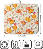 Autumn Fall Dish Drying Mat for Kitchen Counter Watercolor Pumpkin Maple Leaves Drying Mat 16 x 18 Inch with Absorbent Reversible Microfiber Dish Drying Pad Dish Rack Drainer Mat for Coffee Bar
