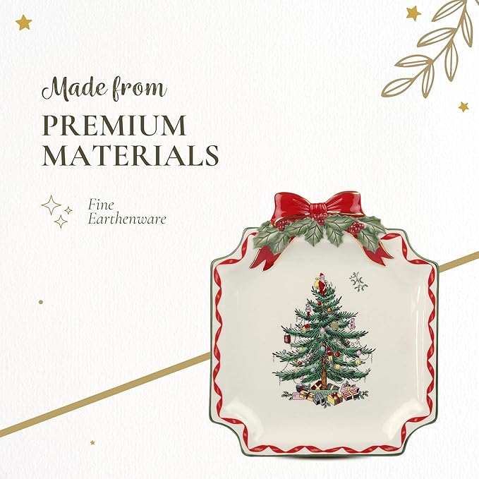 Spode Christmas Tree Ribbons Canape Platter - 6.5-Inch Holiday Serving Plate for Desserts, Appetizers, and Treats - Festive Earthenware Christmas Dinnerware with Gold Accents - Dishwasher Safe