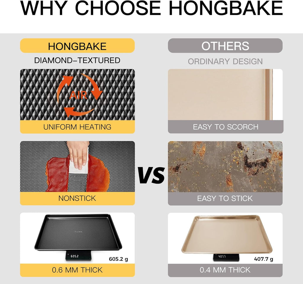 HONGBAKE 2 Pack Jelly Roll Pan Set 15x10, Cookie Sheets for Baking with Diamond Texture, Baking Sheets Non Stick, Non Toxic Oven Trays for Cooking, Heavy Duty 57% Thicker Carbon Steel, Dark Gray