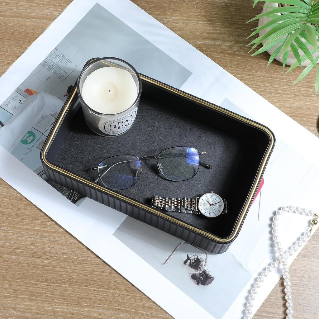 Desk Organizer Tray, PU Leather Valet Tray Nightstand Organizer Cologne Perfume Trays for Men Women, Decorative Vanity Trays Key Bowl Trinket Dish (Black, 9.5" x 6" x 2.2")