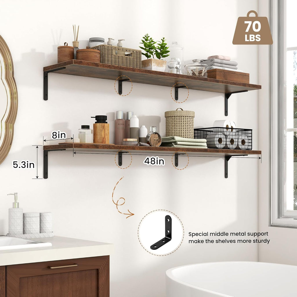 Fun Memories Deep Floating Shelves, 48W x 8D Floating Shelves Set of 2, Wall Mounted Shelf with Metal Brackets, Rustic Wood Wall Shelf for Bathroom, Kitchen and Living Room, Rustic Brown