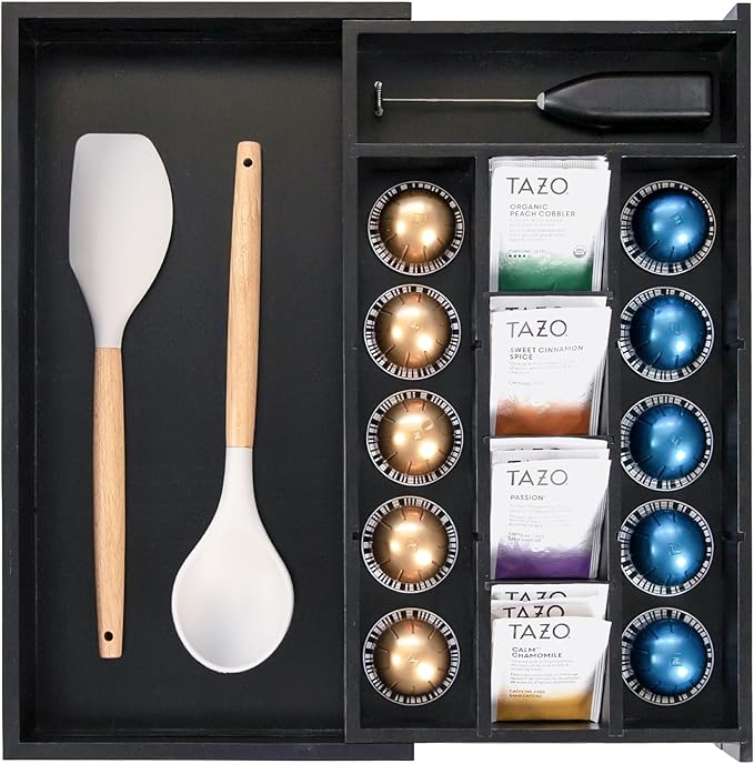 KitchenEdge Tea Bag and Coffee Pod Kitchen Drawer Organizer, Expandable 9.7 to 17 Inches, 10 Storage Compartments, Adjustable Wall Inserts, Non-Slip Feet, Food-Safe Black Finish, 100% Bamboo Wood