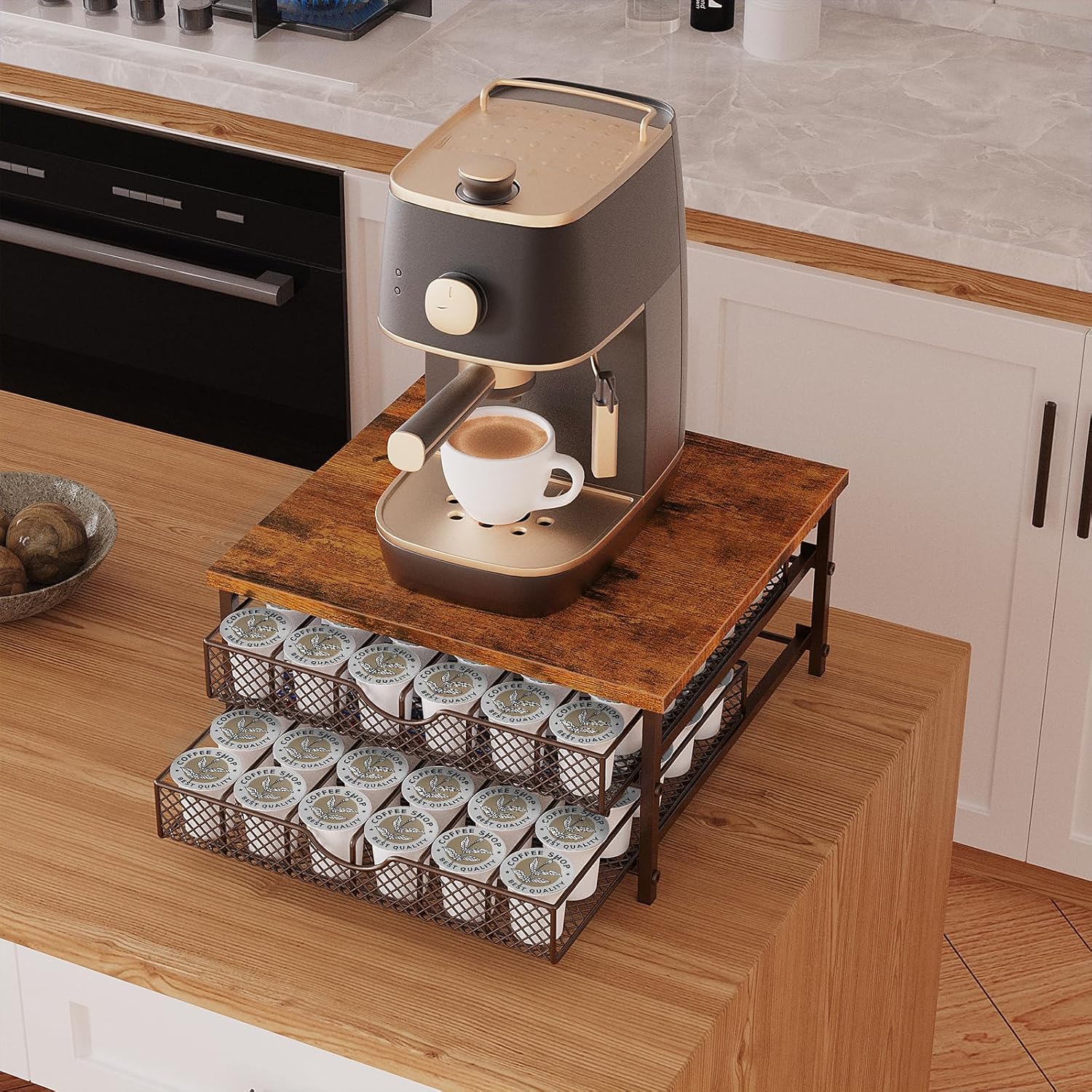 Coffee Pod Drawer K Cups Organizer 2-Tier Coffee Pod Storage Holder with Drawer Baskets 72 Capacity Coffee Capsule Storage Organizer Drawer, Industrial Brown and Bronze