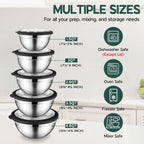 Stainless Steel Mixing Bowls with Black Lids, Metal Nesting Mixing Bowl Set of 5 - Size 1.5, 2, 2.6, 3.5, 4.6QT