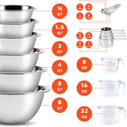 Eatex Mixing Bowls with Measuring Cups & Measuring Spoons 17 Piece Set - Nesting Stainless Steel Mixing Bowls Set for Kitchen, Measuring Spoons & Glass Liquid Measuring Cups, Dishwasher Safe Meal Prep