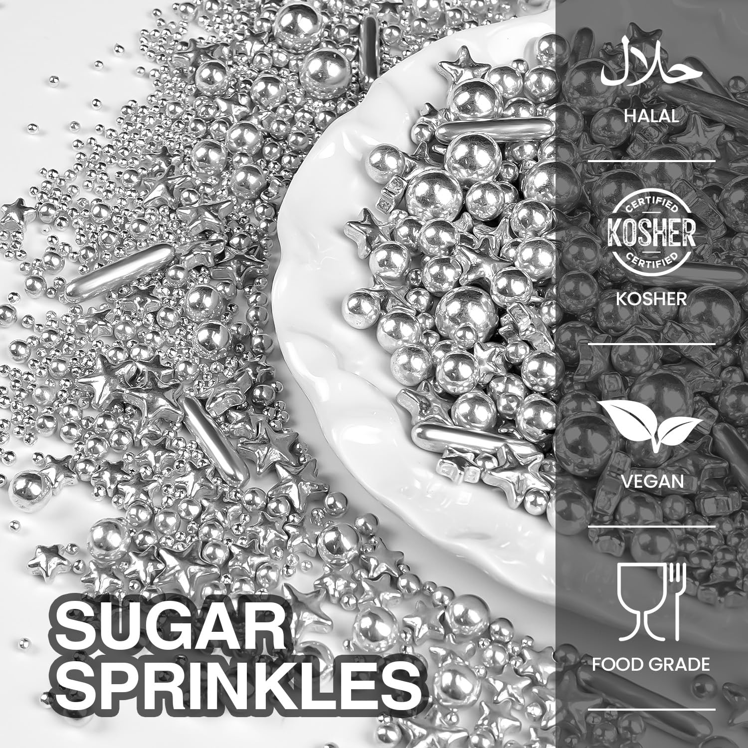 Silver Pearl Rods Star Sugar Sprinkles, Silver Sprinkles for Cake, Edible Pearls Baking Candy, 150g/5.29oz Mix Size, Cupcake Decoration, Wedding Party Supplies