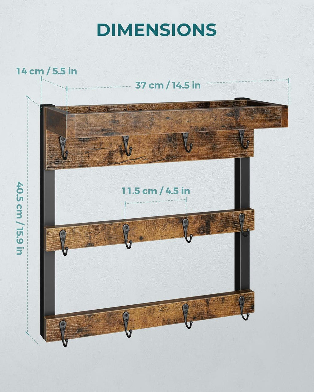 OROPY Coffee Mug Rack Wall Mounted, Rustic Wood Cups Rack with 12 Hooks and Storage Shelf, for Home Kitchen Display and Collection (Rustic Brown)