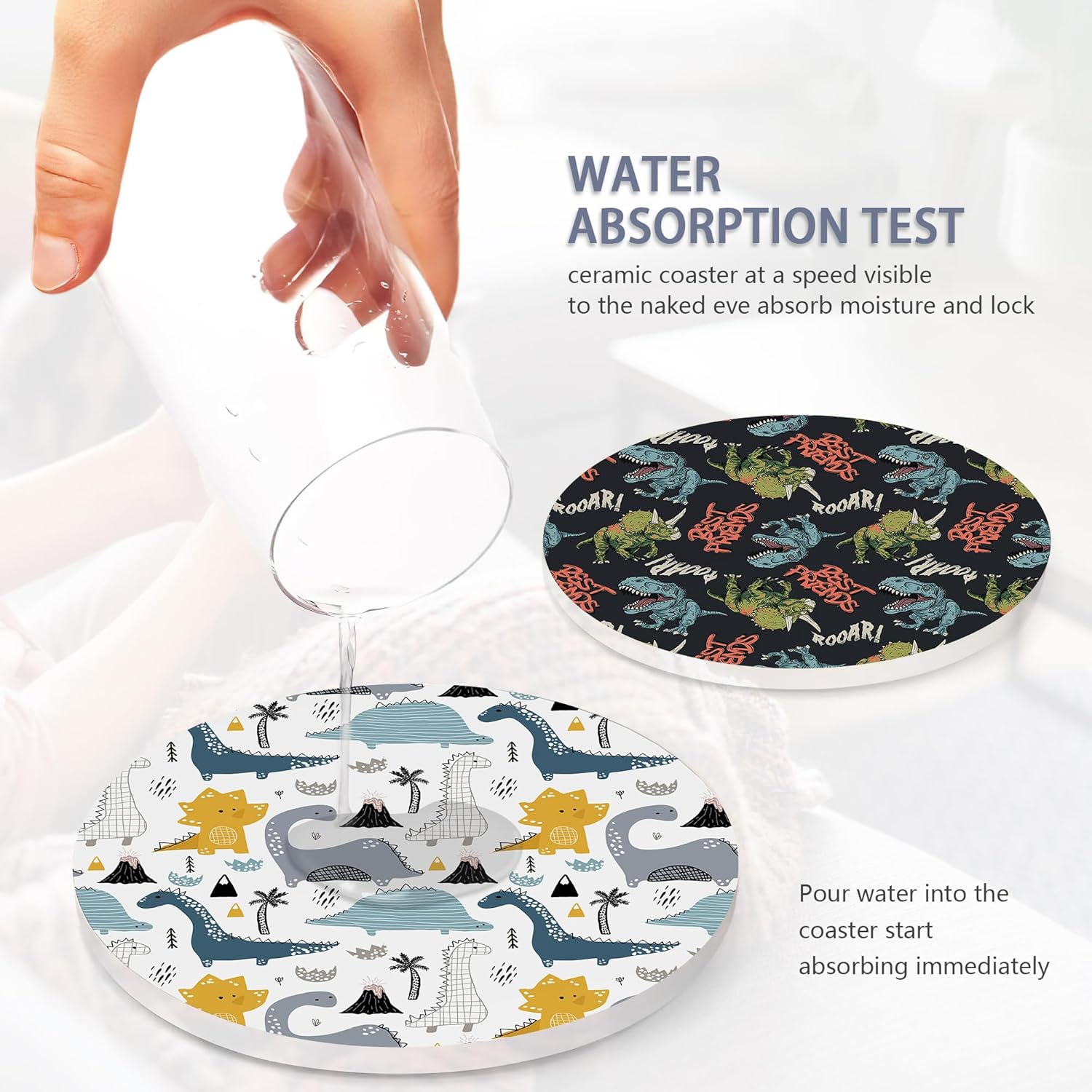 Drink Coasters Set of 6 with Holder, Dinosaur Absorbent Ceramic Drink Coaster for Tabletop Protection,Suitable for Kinds of Cups,Drinks Coasters for Home Office Decoration(4 Inches)