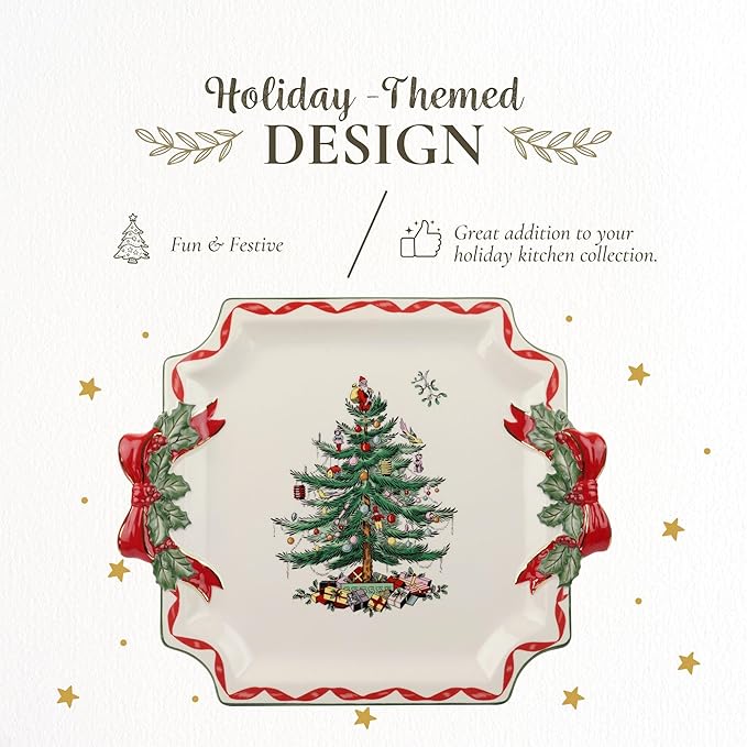 Spode Christmas Tree Ribbons Square Platter with Bow Handles - 11-Inch Holiday Serving Plate for Desserts, Appetizers, & Treats - Festive Christmas Dinnerware with Gold Accents - Dishwasher Safe
