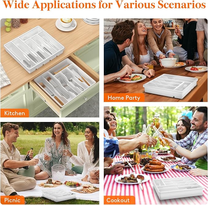 Lifewit Silverware Organizer with Lid, Covered Utensil Tray for Kitchen Drawer and Countertop, Plastic Cutlery and Flatware Storage Box for Spoons Forks Knives Holder Case, 6 Compartments, White