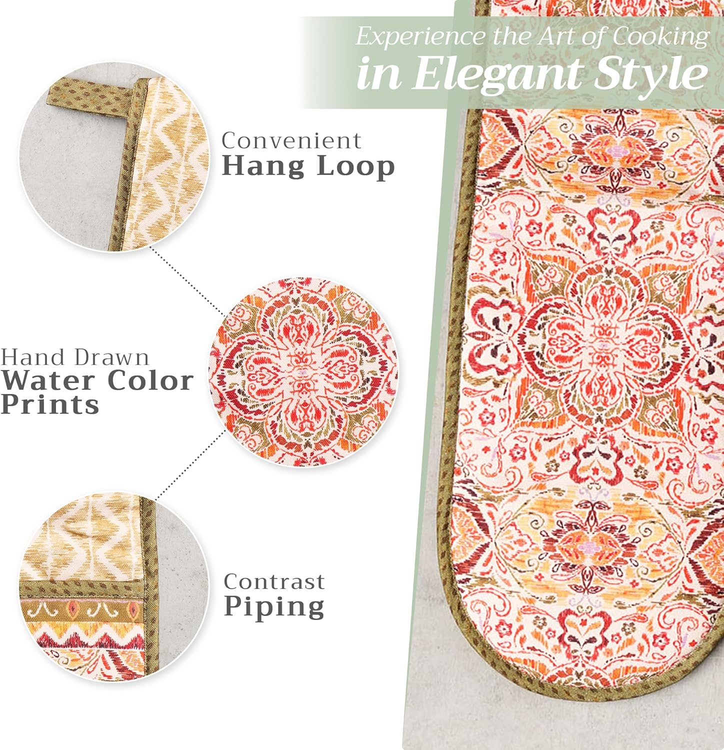 Maison d' Hermine Double Oven Mitts 100% Cotton 7"x35" Double Oven Mitt Heat Resistant BBQ Cooking Gloves with Loop, Baking, Grilling, Home, Kitchen, Handling Hot Pans (Damask)