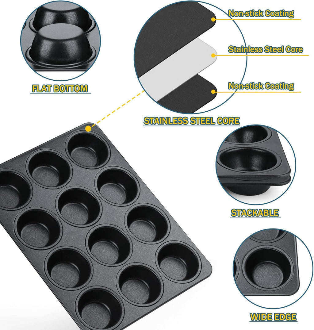 E-far Nonstick Muffin Pans 12 Cups, Stainless Steel Muffin Tin Cupcake Pan Tray for Baking, Stainless Steel Core & Non Toxic, Easy Release & Easy Clean, Black