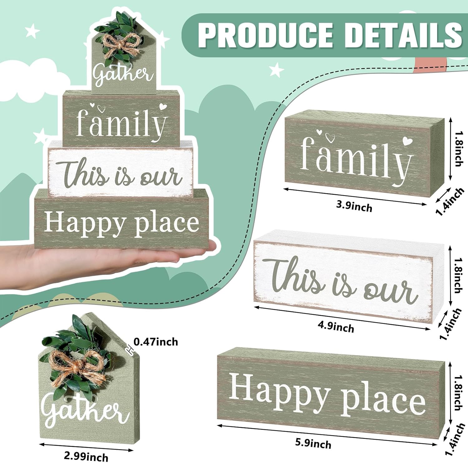Farmhouse Table Decor Eucalyptus Leaves Wooden Block Sign Gift Gather Family This Is Our Happy Place Tabletop Centerpieces Rustic Decorations for Home Kitchen Shelf Desk Tiered Tray Decor