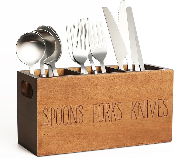 Silverware Holder, Acacia Wooden Small Utensil Caddy for Party , Silverware Organizer for Table Countertop, Wood Fork Spoon Knife Holder (Brown)