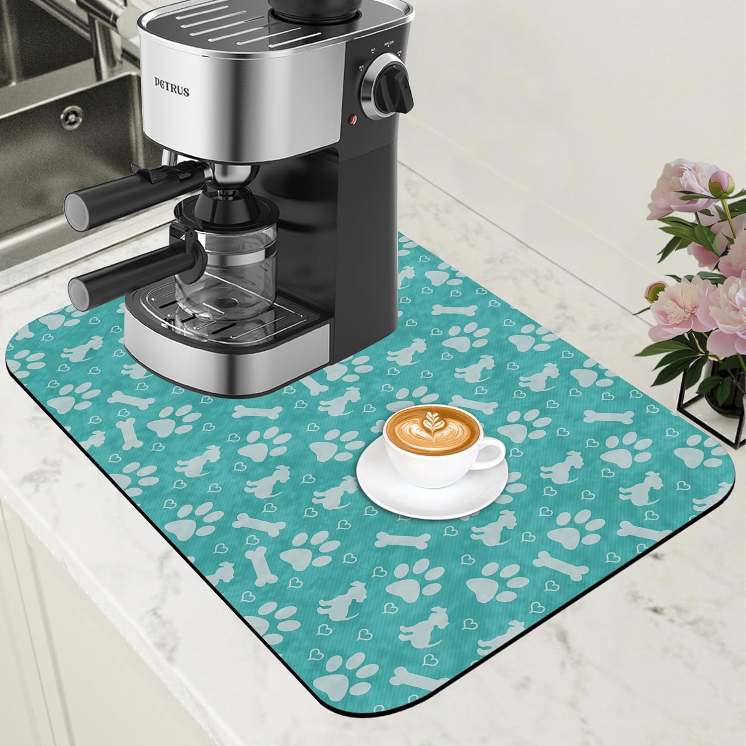 Dish Drying Mat Dog Paws and Bones Coffee Bar Mat for Countertop Absorbent Rubber Backed Hide Stain Dish Drainer Rack Pad Espresso Machine Coffee Pot Dining Room Decoration 11.8 x 19.7 Inch