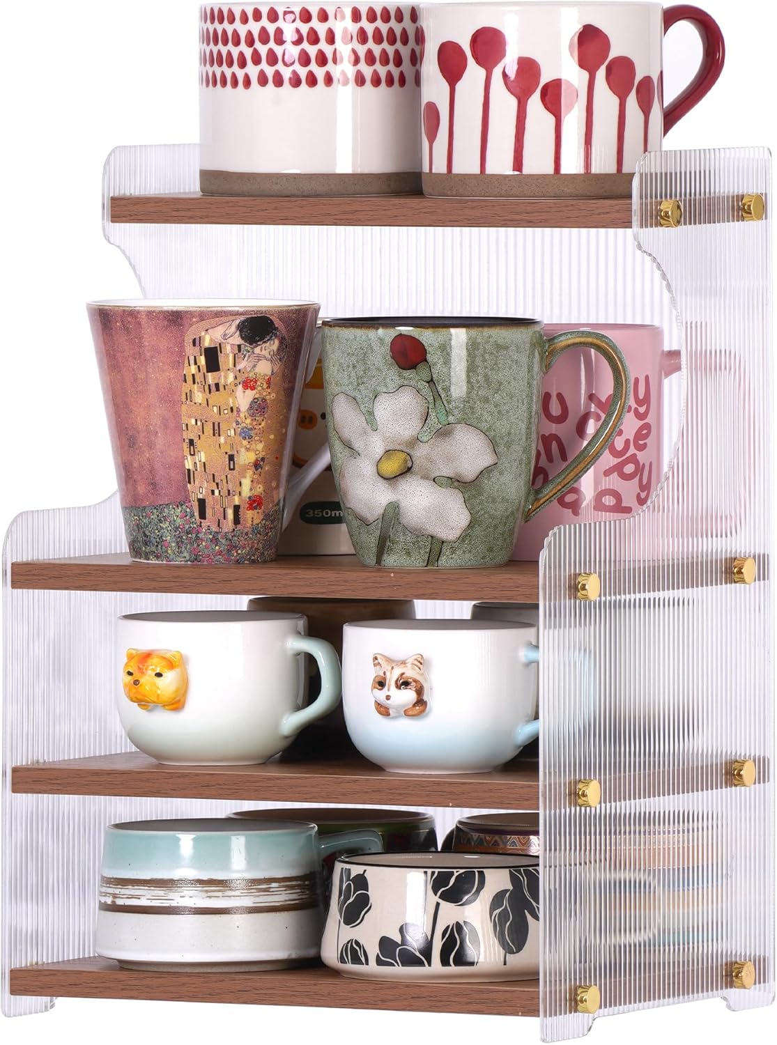 Coffee Mug Holder Wooden Cup Station Organizer 4-Tier Cup Holder for Coffee Bar Mug Display Rack for Countertop Mug Holder Shelf for Home Kitchen Wood
