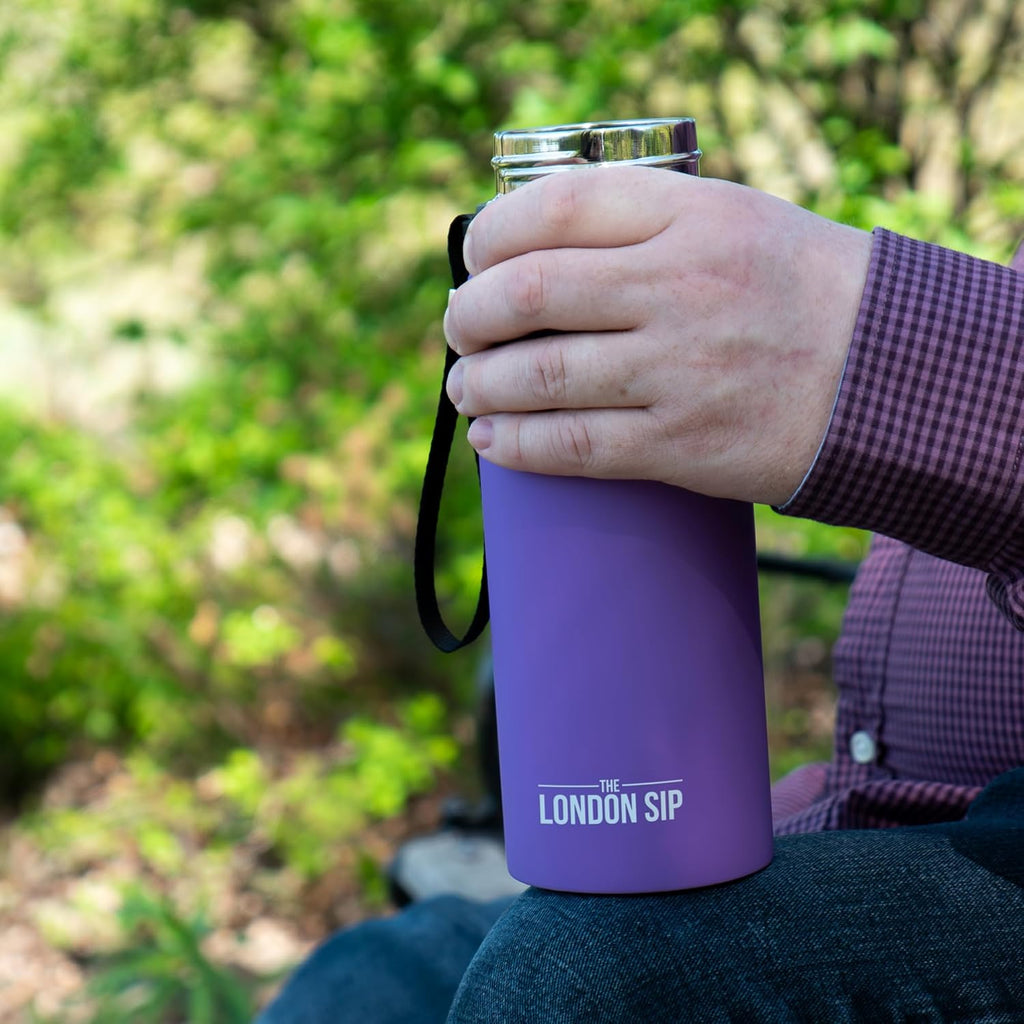London Sip 25 oz Multi-Purpose Tea Infuser Mug – Fruit Infuser Water Bottle for Hot and Cold – Double Wall Stainless Steel Insulated, Purple