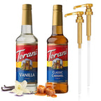2 Syrup Pump Dispenser Bundle with Torani Coffee Syrup, Vanilla & Caramel Flavors, 25.4 oz Bottles