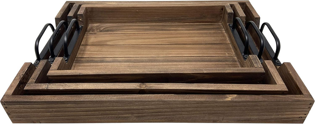 3 Piece Decorative Nested Vintage Wood Serving Tray Set for Coffee Table or Ottoman – Rustic Wooden Breakfast Trays for Kitchen, Dining Room, or Living Room – Farmhouse Platter w/Handles – Brown