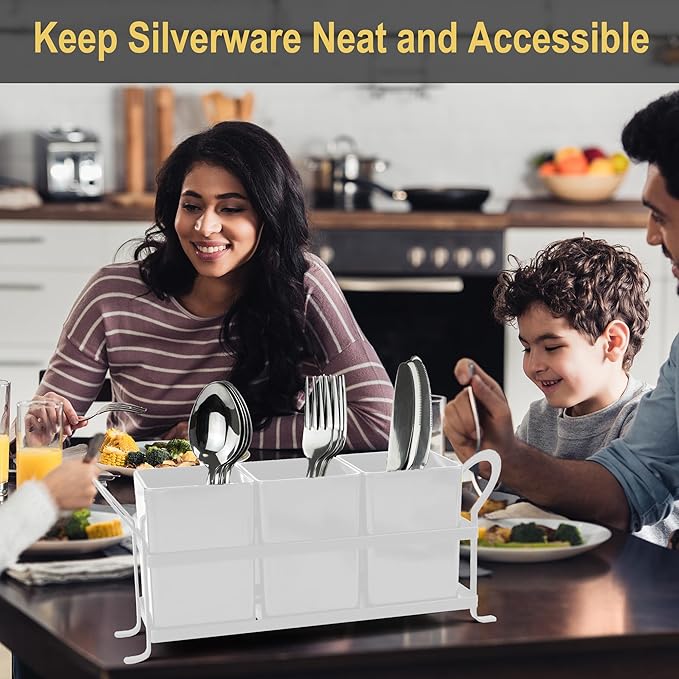 Cutlery Holder with Drain Holes, Silverware Caddy for Party, kitchen counter, 3pcs Bins Set Countertop Utensil Holder for Spoons, Forks and Knives, White