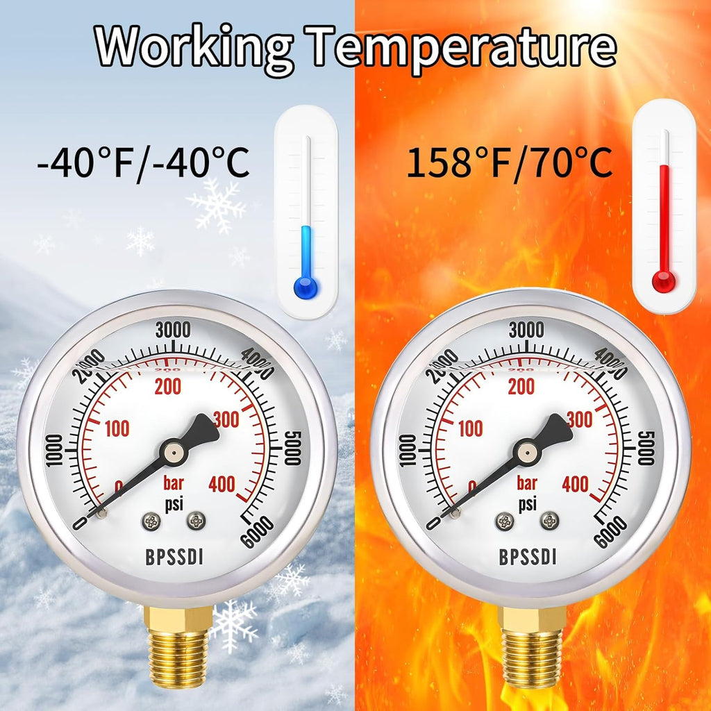 0-6000 Psi Glycerin Liquid Filled Hydraulic High Pressure Gauge, 2.5" Dial Size, 1/4" NPT Lower Mount, 304 Stainless Steel Case, for Water Oil Air Gas Pressure Test