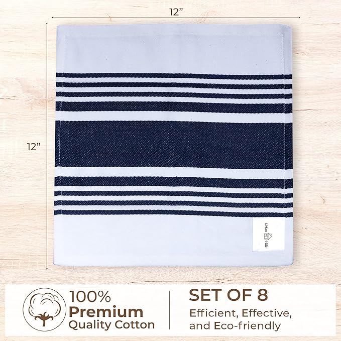 Urban Villa Dish Cloth 100% Cotton Pack of 8, Highly Absorbent Quick Drying Soft Premium Dish Towels for Kitchen with Hanging Loop Hand & Tea Towels - 12x12 Inch, (Indigo Blue & White, Striped)