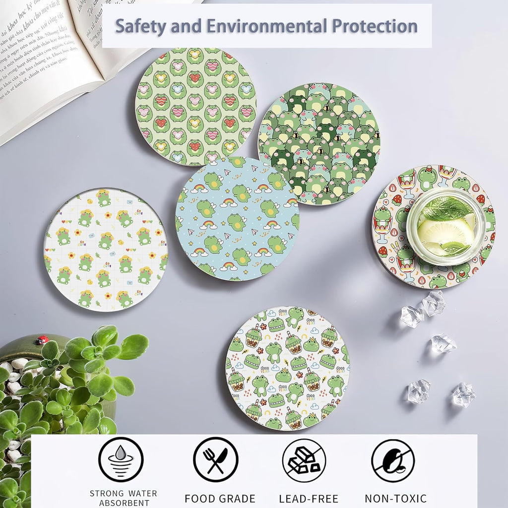 6 Pcs Coasters for Drinks with Holder, Cute Frog Absorbent Ceramic Coasters with Cork Base,Cute Funny Table Drinks Coasters Tabletop Protection Mat,Table Home Decor,4 Inches