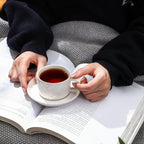 Sureasy Ceramic Espresso Cups Set of 4 – 4 oz White Embossed Cappuccino Cups with Saucers and Metal Stand, Stackable Mugs for Latte, Mocha, Tea, and Specialty Coffee