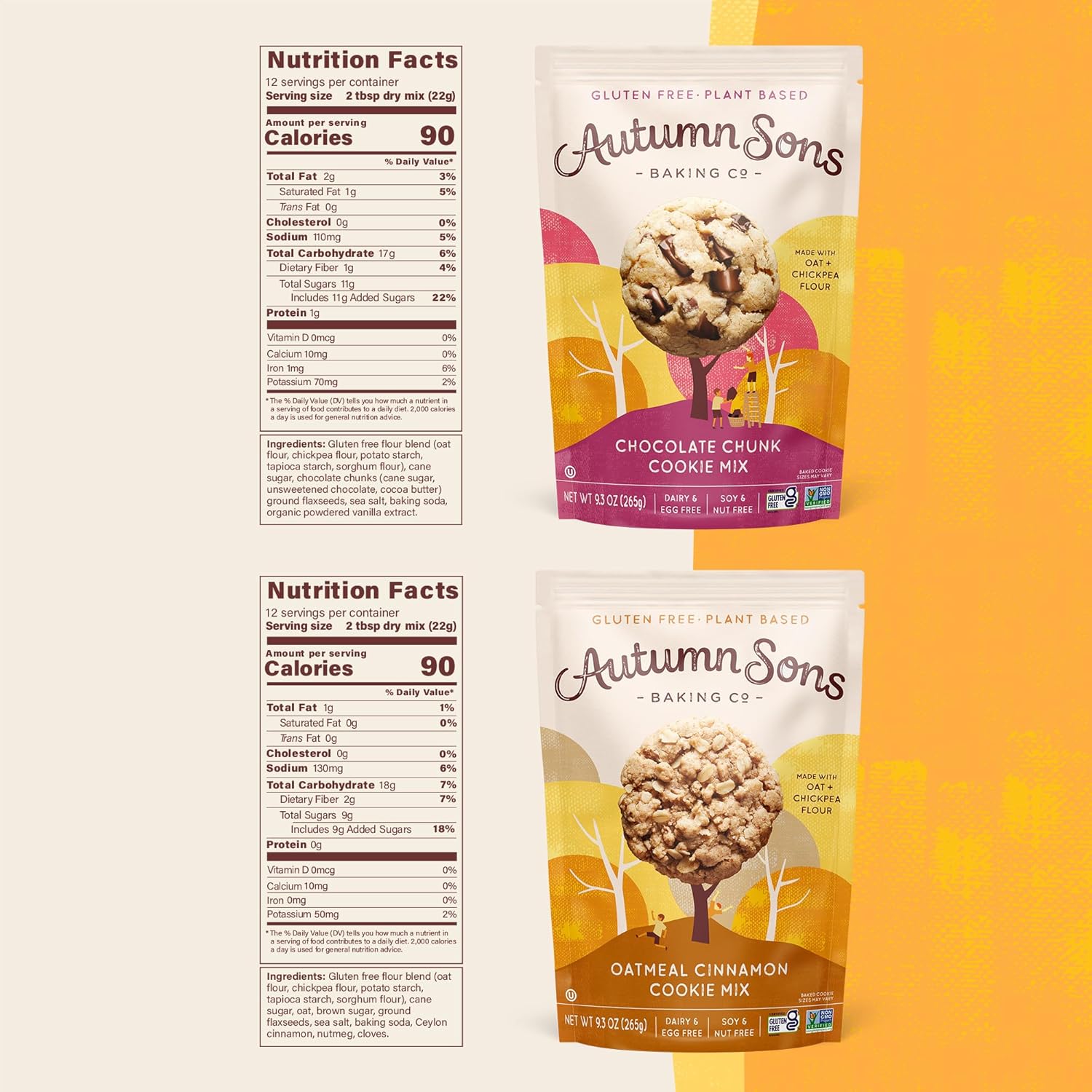 Autumn Sons Baking Co. Gluten Free Chocolate Chunk & Oatmeal Cinnamon Cookie Mix Combo Pack. Vegan Plant Based Baking Mix. Free From 11 Common Allergens. 9.3 oz (Pack of 2)