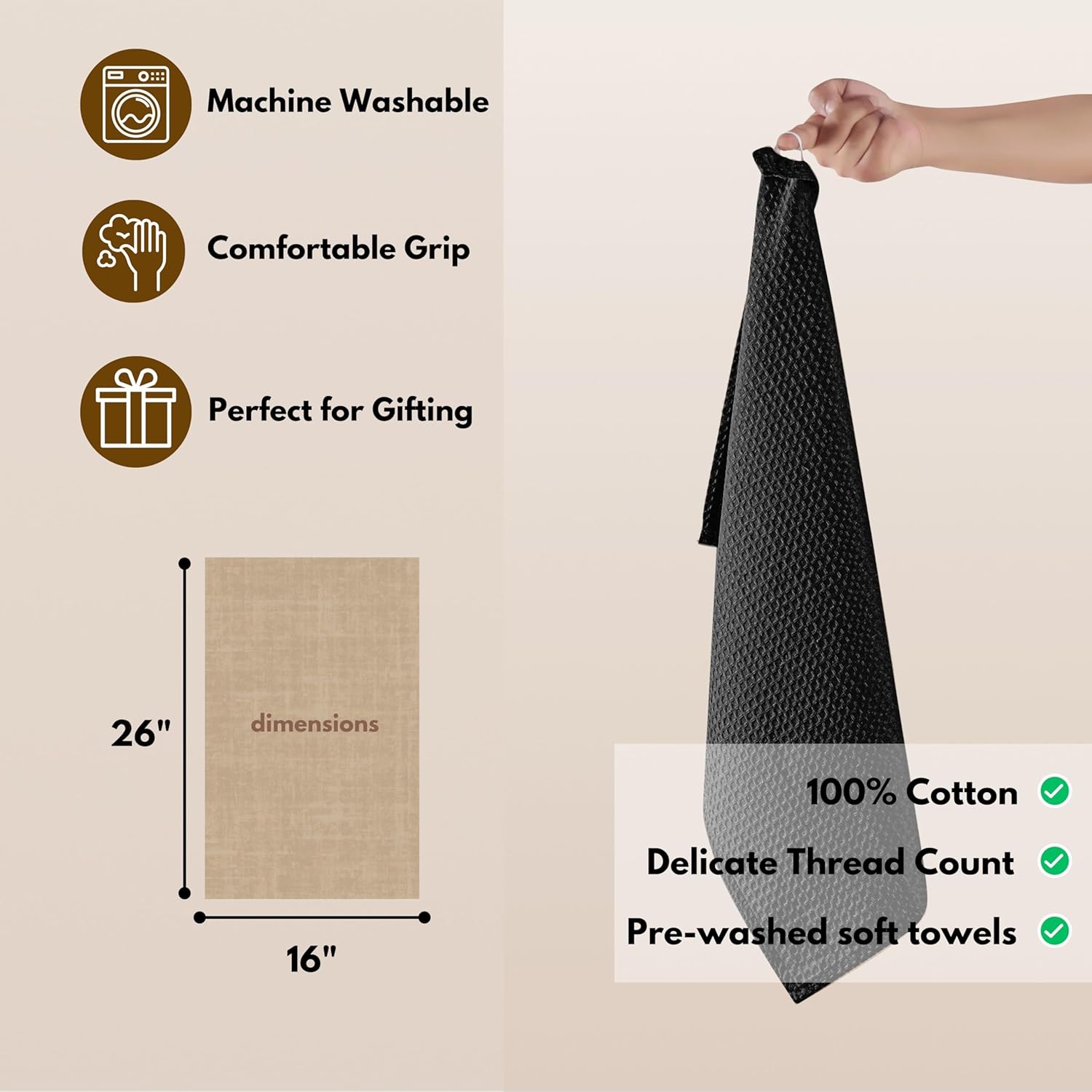 Native Fab Cotton Kitchen Towel with Hanging Loop 16x26 inches, 12-Pack, Waffle Weave Kitchen Towels for Cleaning Drying, Washcloths Soft & Absorbent Cloth Rags, Bar Towel, Dish Cloth, Black