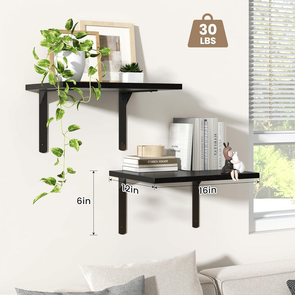 Fun Memories Floating Shelves for Wall, 12 Inch Deep Floating Shelves Set of 2, Wall Mounted Shelf with Metal Brackets, Rustic Wood Wide Shelf for Bathroom, Kitchen and Living Room, Black, 16W x 12D
