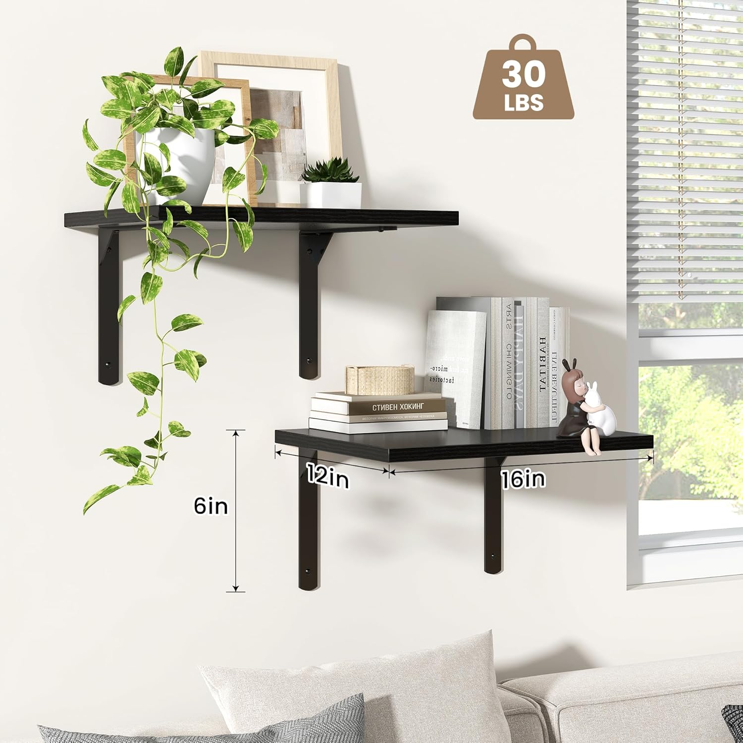 Fun Memories Floating Shelves for Wall, 12 Inch Deep Floating Shelves Set of 2, Wall Mounted Shelf with Metal Brackets, Rustic Wood Wide Shelf for Bathroom, Kitchen and Living Room, Black, 16W x 12D