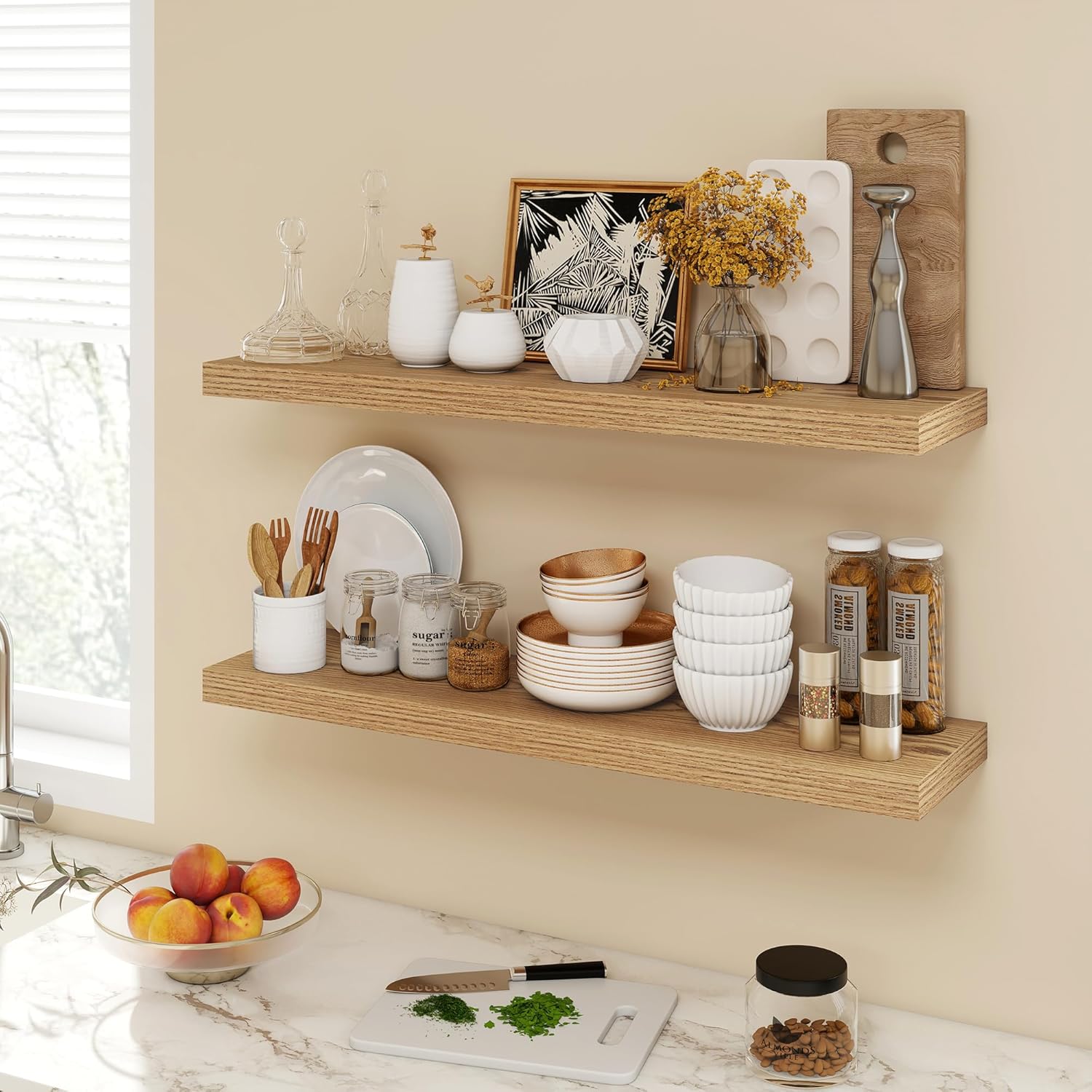 36 Inch Floating Shelves, 9.3" Deep Floating Shelf Wall Mounted, 36" Wall Shelves, Rustic Deep Bookshelf, Large Display Shelves & Storage Shelves for Bedroom, Living Room, Light Brown, Set of 2