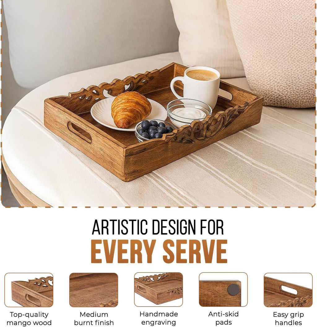 Mela Artisans Orchid Design Wooden Decorative Tray with Handles | 16x12x2.5 Mango Wood Ottoman Tray | for Kitchen Countertop | Coffee Table | Snacks | Desserts | Breads | Bedroom Decor
