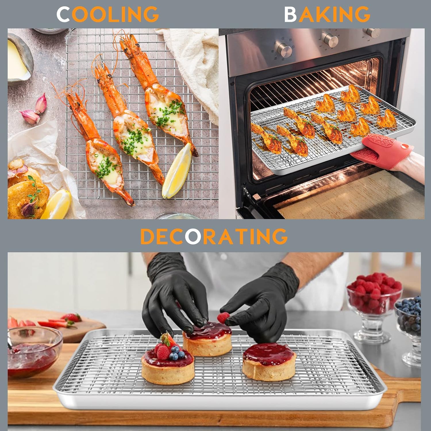 E-far Cooling Baking Rack Set of 2, Stainless Steel Grid Wire for Oven Roasting Cooking Bacon, 11.6" x 9.2" Grilling Broiling for Cooling Cookie Cake, Non-toxic & Dishwasher Safe