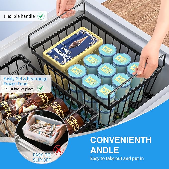 Freezer Organizers bins with Folding Handles，4 Pack Stackable Upright Freezer Organizers baskets for 5-7 Cu.Ft Deep Freezer Storage, Increased Space for Food Storage, Easy to access，Black