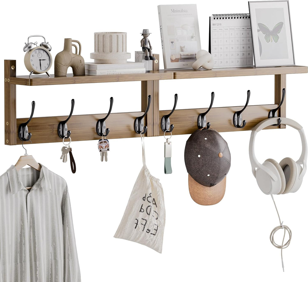 Coat Rack with Shelf Wall Mount, Entryway Bamboo Hanging Shelf, Set of 2, Wall Hook Rail for Hallway Décor, Storage Clothe, Hat, Robe, Key, Dog Leash (Walnut)