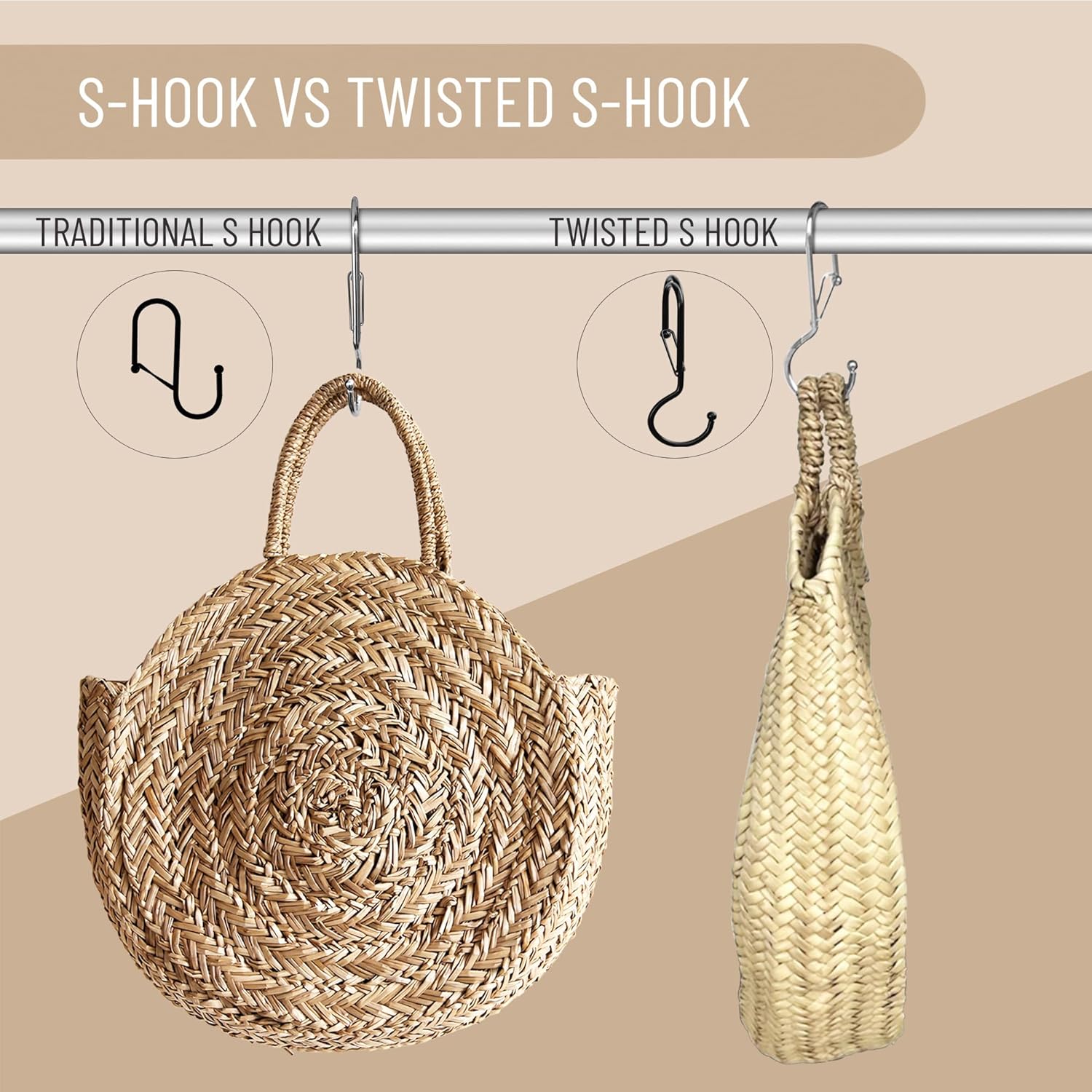 6 Purse Hanger for Closet. Tote Hanger. S-Shaped Hooks S Hooks Twist Design. Anti Drop S-Shaped Hook for hanging handbags with Safety Buckle to Prevent Falls. Heavy Duty. (Silver, Twisted)